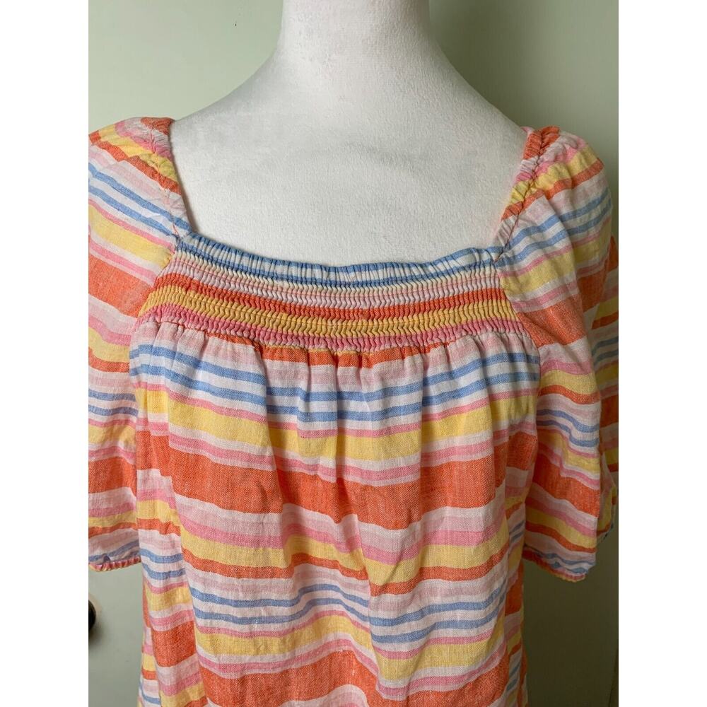 Talbots Linen Blouse Womens Size L Striped Colorful Short Sleeve Square Neck